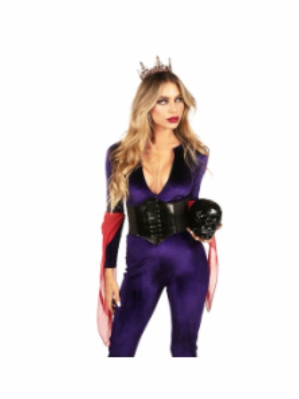 Tipsy Elves Purple Velvet Jumpsuit with Black Corset and Red Drapes